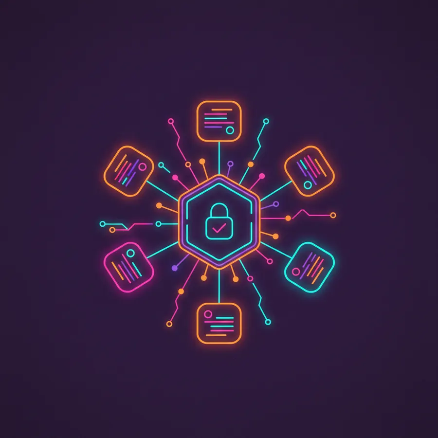 A secured hub wiring business software platforms together, with a padlock and audit checkmark at the core